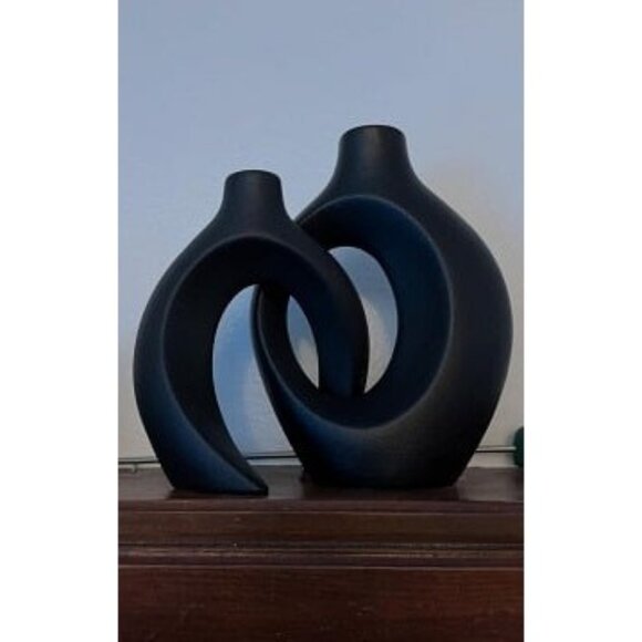 New XL Black Ceramic Vase Set of 2 for Modern Home Decor, Neutral Boho Round - Picture 1 of 2